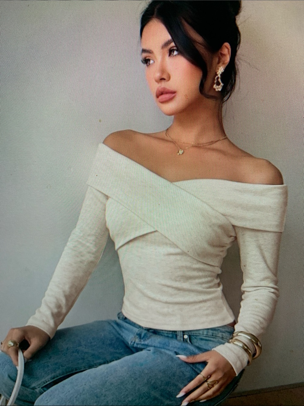 Off-Shoulder Wrap Front Long Sleeve Sweater Top - Cream - Picture 3 of 5